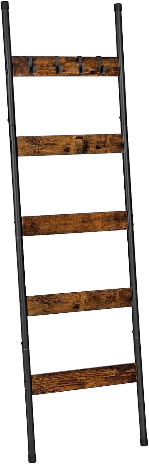 HOOBRO Blanket Ladder, 5-Tier Towel Rack with Hooks, Wall-Leaning Blanket Rack, Decorative Display Ladder Shelf, for Scarves, Industrial, Living Room, Bedroom, Rustic Brown and Black BF52CJ01