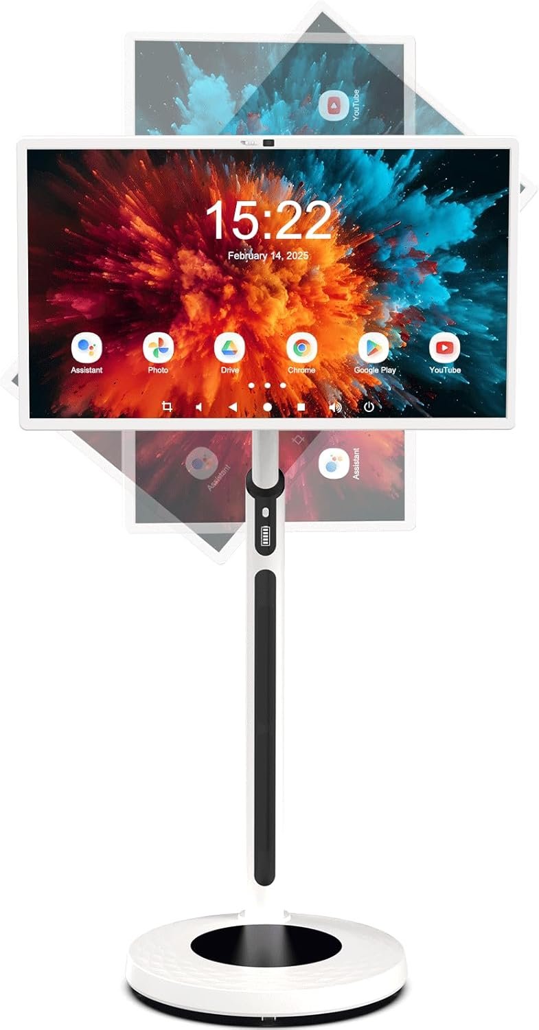 Shiarffe 32 Inch Smart Portable TV on Wheels, Rolling Tablet with Touchscreen Monitor, Wireless Casting, Air Remote Mouse, 8G RAM + 128G ROM Android OS, Battery Powered 4-6 Hours