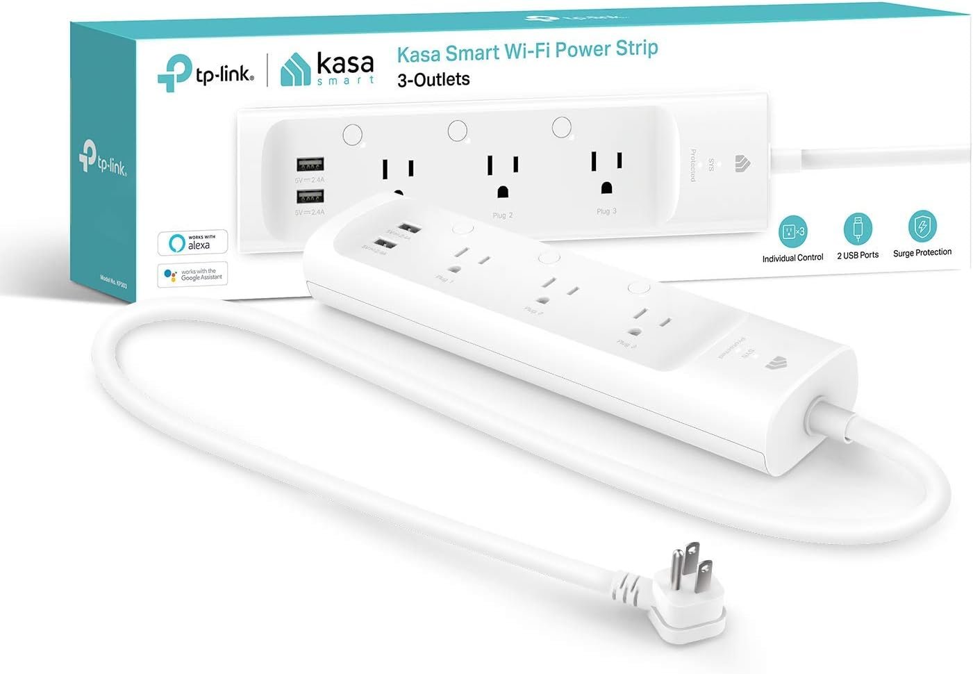 61yUqv7M9VL._AC_SL1500_.jpg Kasa Smart Plug Power Strip KP303, Surge Protector with 3 Individually Controlled Smart Outlets and 2 USB Ports, Works with Alexa & Google Home, No Hub Required , White - Image 1