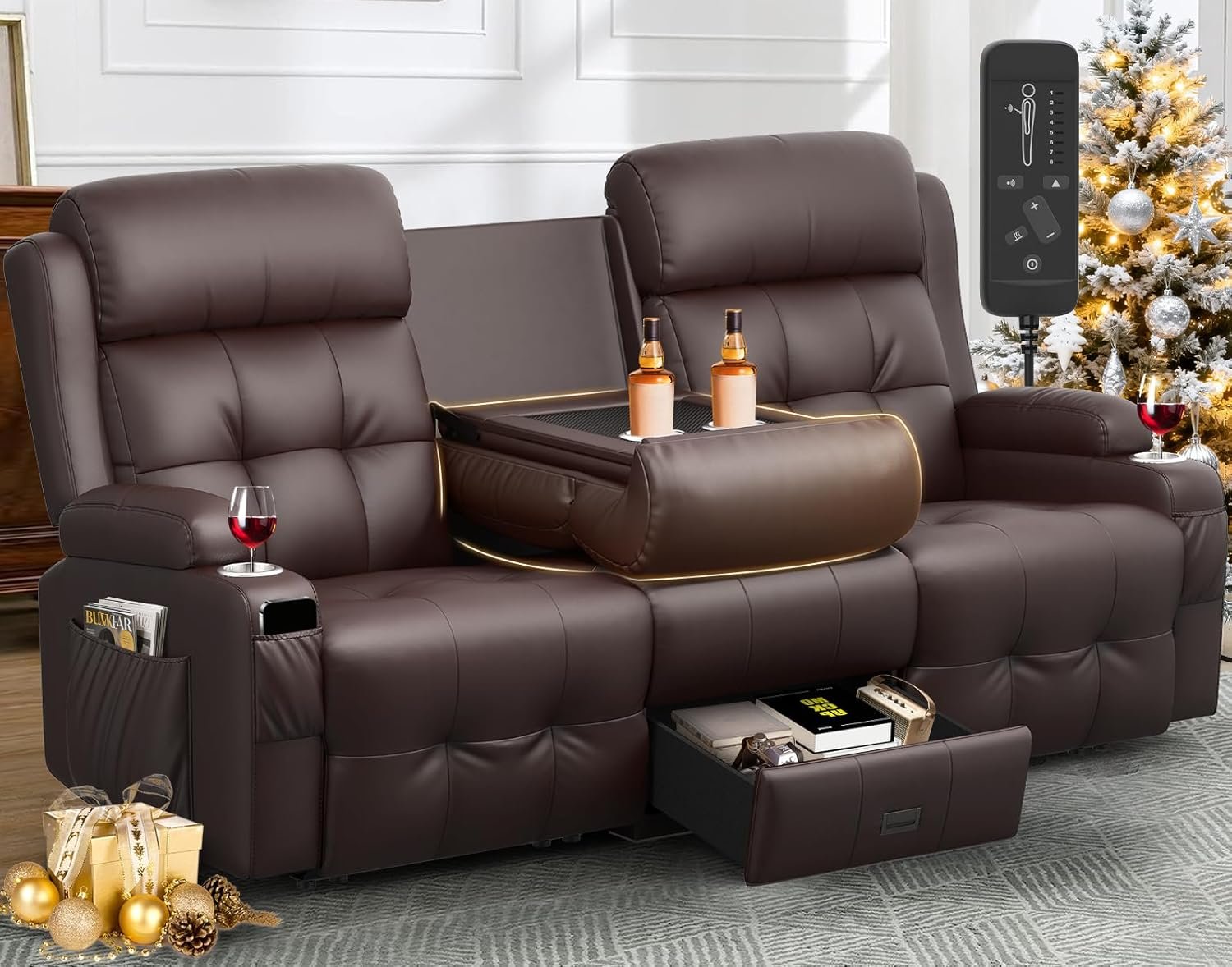 Recliner Sofa, Massage Reclining Sofa 3 Seater Sets Heavy Weight Capacity, RV Loveseat Couch Clearance with Flip Back Console, Storage, Cup Holders, Wall Hugger Reclining Couch for Living Room