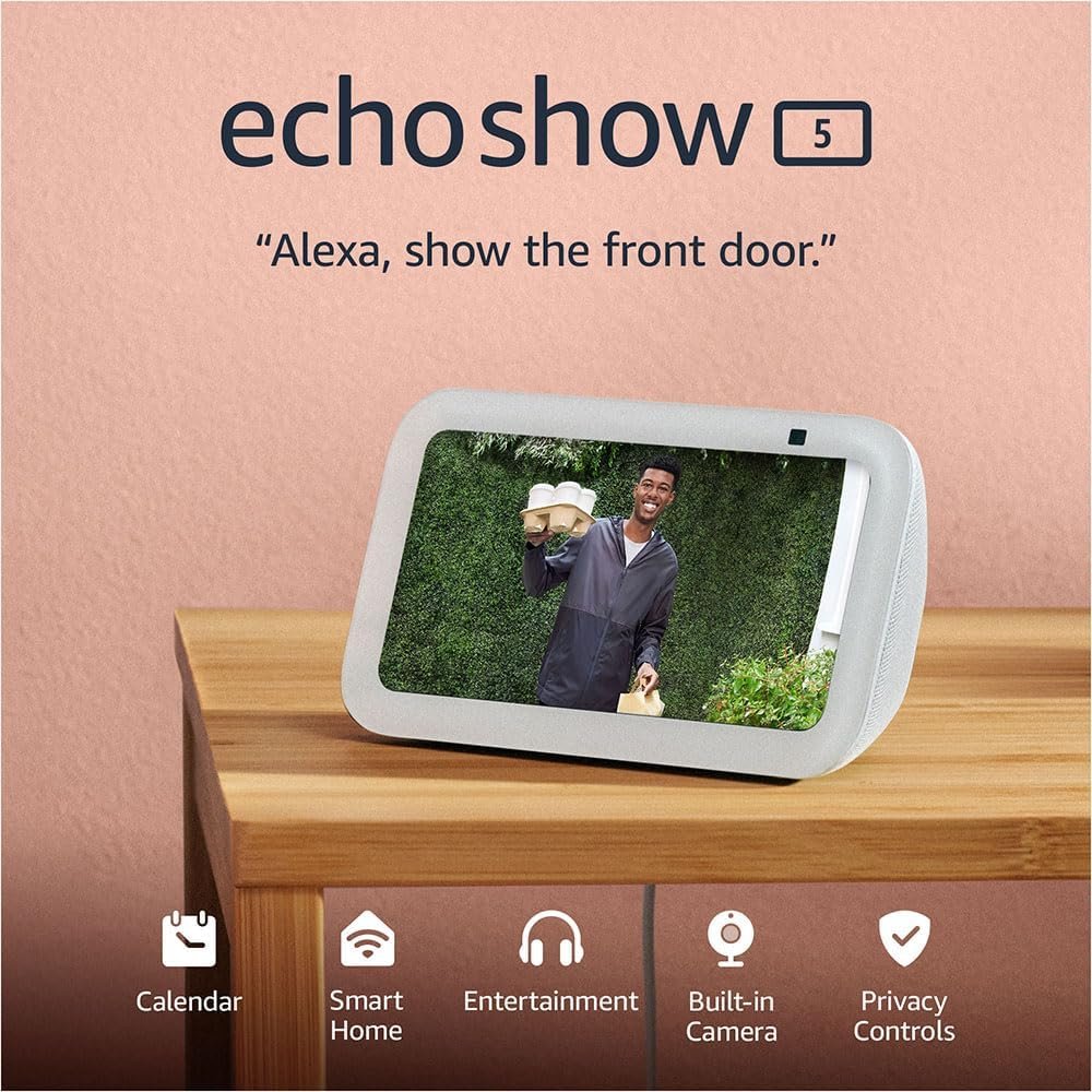 716LbqScN4L._AC_SL1000_.jpg Amazon Echo Show 5 (newest model), Smart display with 2x the bass and clearer sound, Glacier White - Image 1