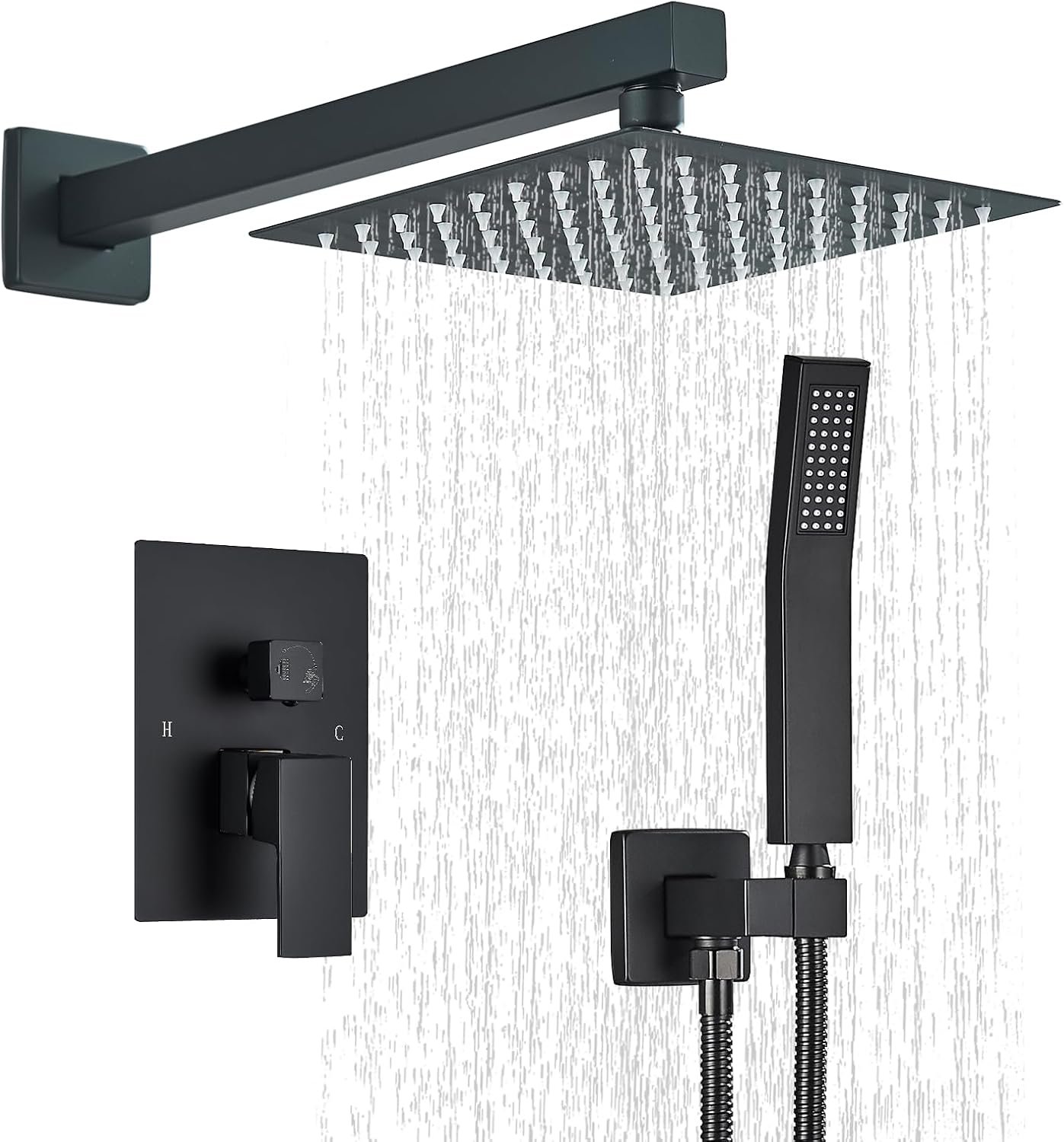 Shower Faucet Matte Black Shower System with 8 Inches Rain Shower Head and Handheld Spray Bathroom Luxury Rain Shower Faucet Set Complete Wall Mounted