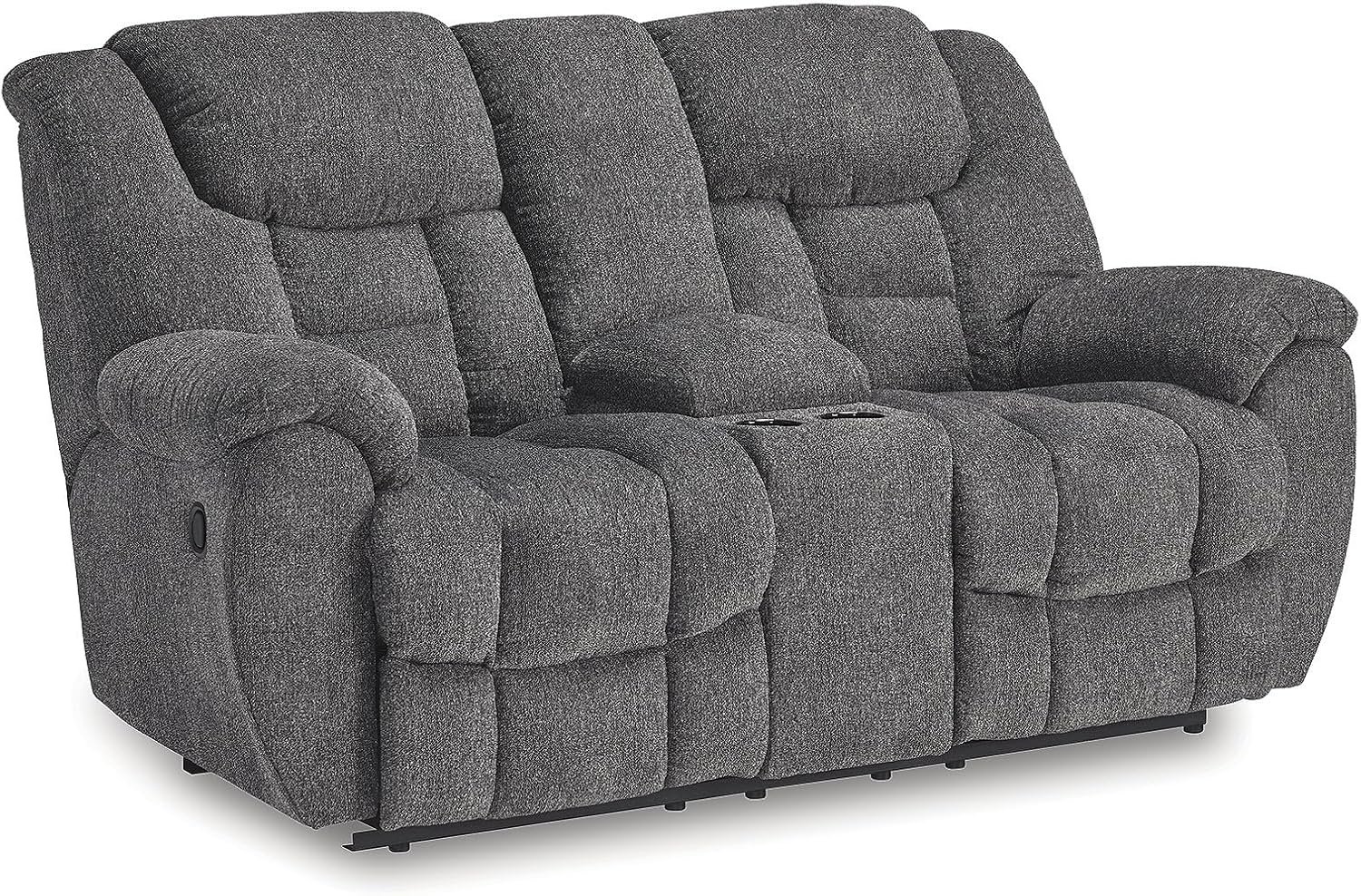 Signature Design by Ashley Foreside Contemporary Stain Resistant Manual Double Reclining Loveseat with Console, Storage and Cup Holders, Gray