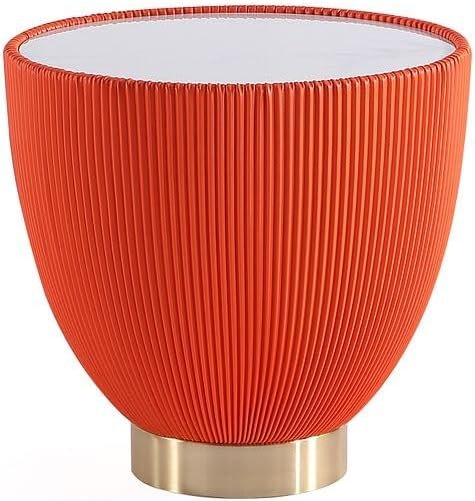Manhattan Comfort Anderson Modern 18" Round End Table 2.0 | Ceramic Marble Tabletop, Elegant Pleated Leatherette Design & Gold Stainless Steel Base, Fully Assembled Accent Furniture, Set of 1, Orange