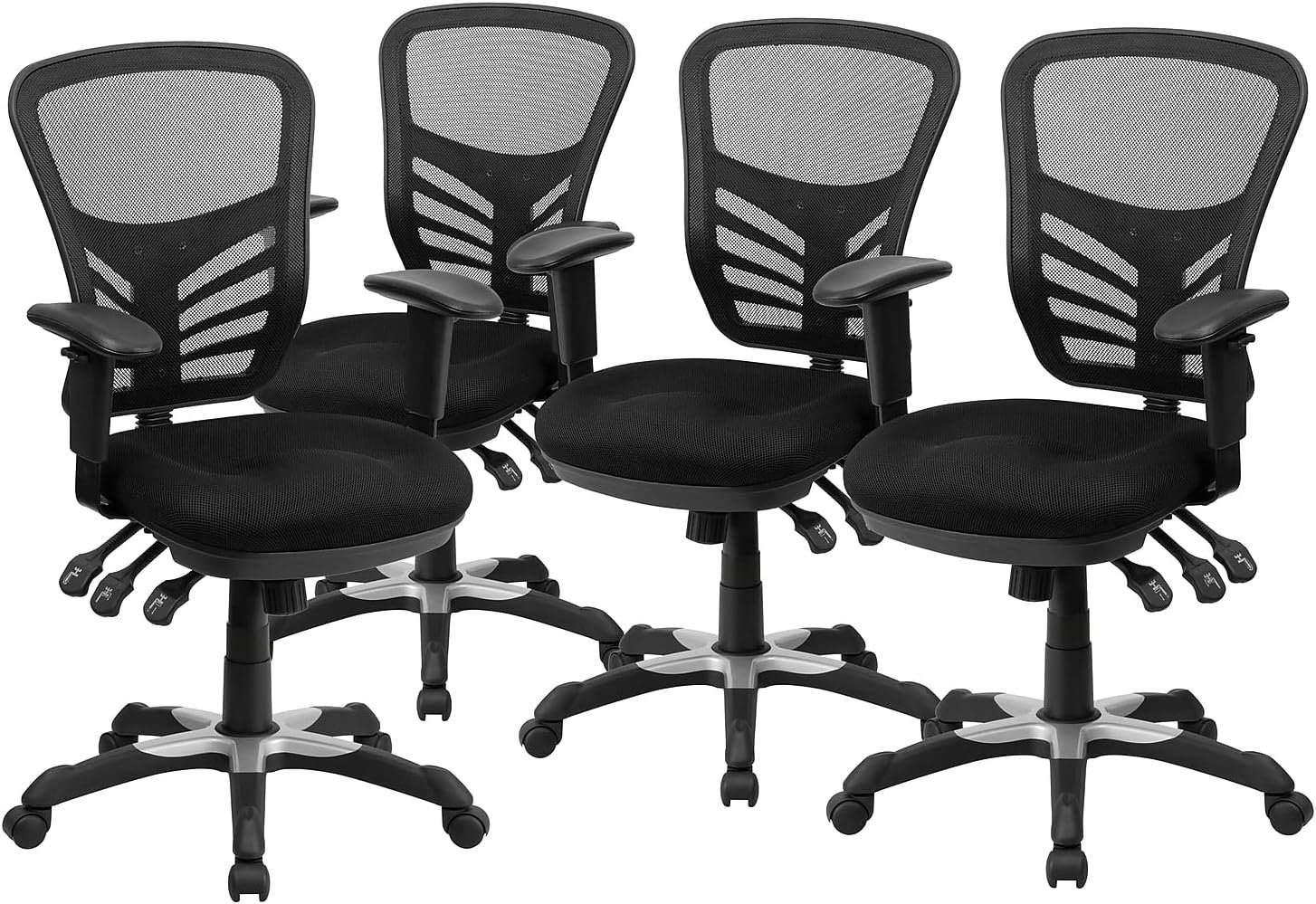 Flash Furniture Nicholas Mid-Back Black Mesh Multifunction Executive Swivel Ergonomic Office Chair with Adjustable Arms, Set of 4