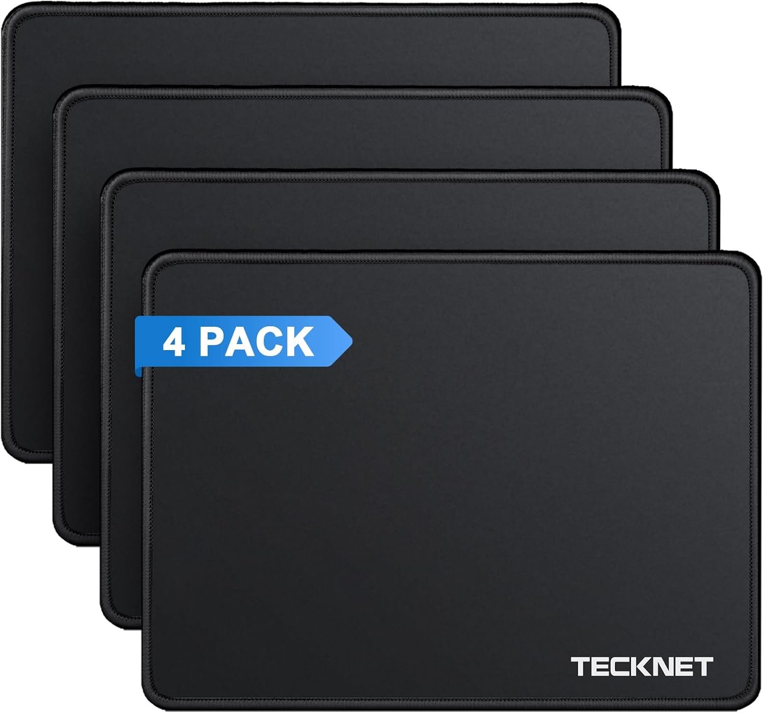 TECKNET 4 Pack Mouse Pad with Anti-fray Stitching, Waterproof Surface & Non-Slip Rubber Base with Stitched Edges Gaming Mouse Mat for Laptop, Compatible with Laser and Optical Mice - Black