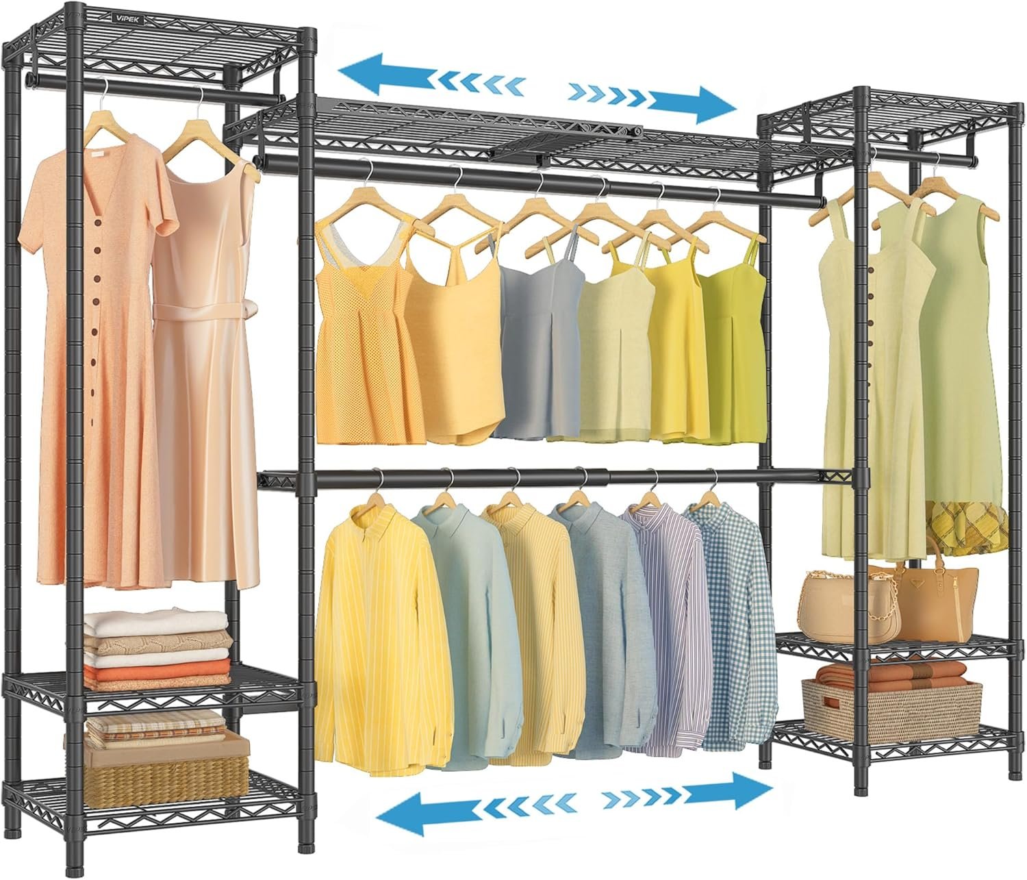 VIPEK X30 Expandable Clothes Rack Adjustable from 5' to 6'11", 950lbs Capacity Heavy Duty Portable Closet Wardrobe with 4 Hanger Rods & 7 Wire Shelves, Metal Closet System for Reach-in Closet, Black